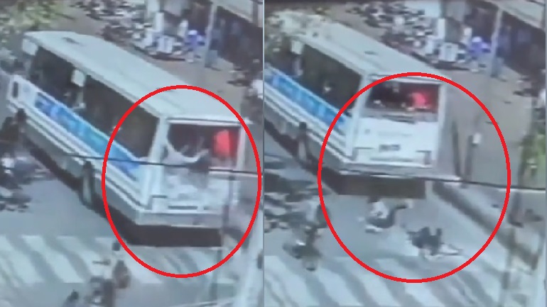 VIDEO: जामनगर में चलती बस का शीशा टूटने से सड़क पर गिरे दो छात्र, ड्राइवर सस्पेंड 